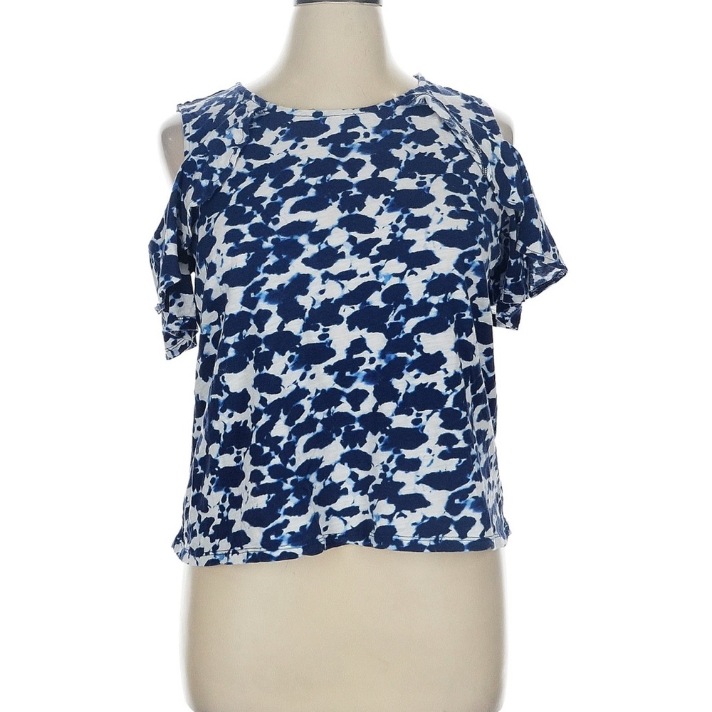 Ellen Tracy Tie Dye Blue and White Cold Shoulder Short Sleeve Blouse Medium